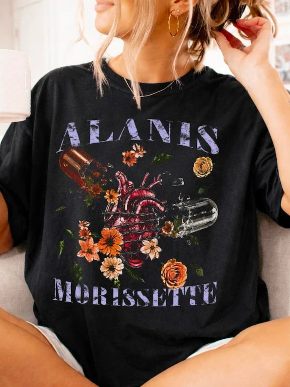 Alt Rock Alanis Morissette Floral Heart Pill Grunge Black Band Merch T-Shirt